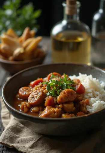 Гамбо с помидорами, с богатым томатным бульоном, кусочками курицы и колбасы