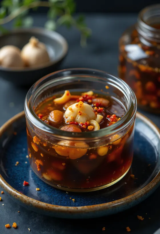 Уксусный соус Джангаджи, поданный с маринованными овощами