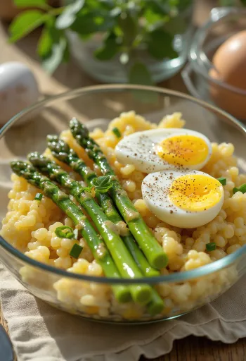 Пребиотический салат со спаржей и яйцом, поданный с рукколой, красным луком и лимонной заправкой