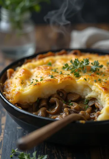 Пастуший пирог с грибами, поданный с картофельным пюре сверху