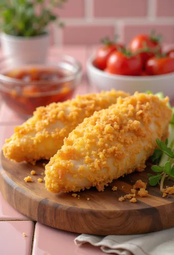 Золотистая куриная грудка в панировке, поданная со свежим салатом.