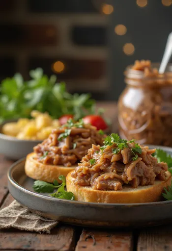 Утиный риет, поданный в деревенской банке с хлебом и соленьями