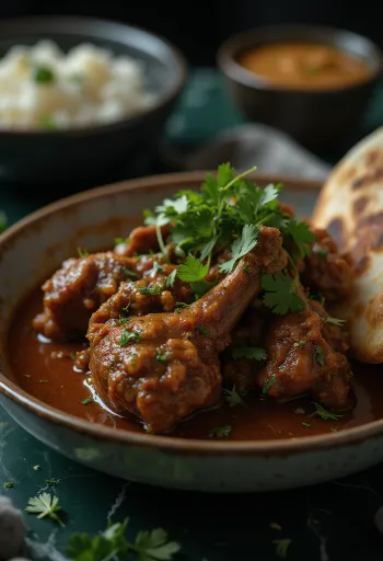 Нихари с говядиной, приготовленное в богатом пряном соусе, украшенное свежей кинзой