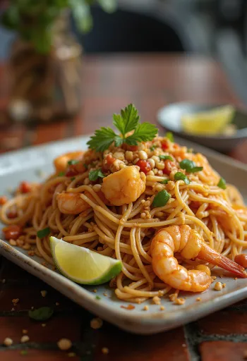 Пад Тай с рисовой лапшой, поданный с дольками лайма
