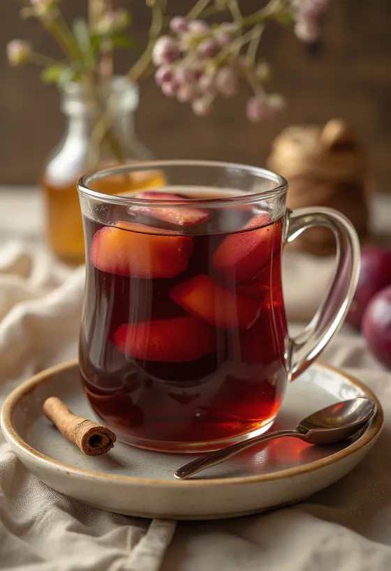 Горячий сливовый чай в прозрачной чашке