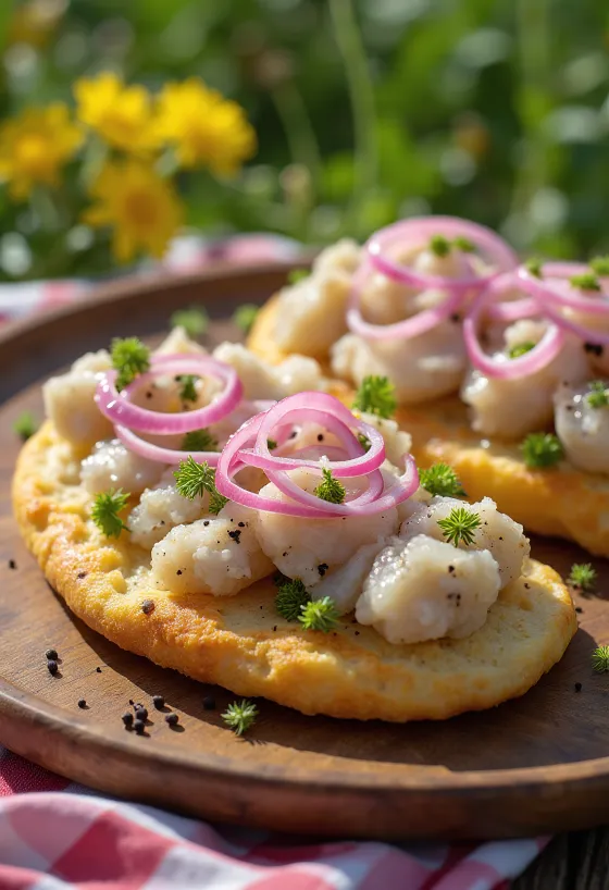 Тунмбрёд сэндвич с сюрстрёммингом, с хрустящим хлебом и свежими овощами