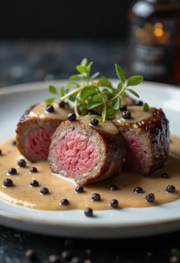 Филе эму с перечным соусом, поданное с овощами.