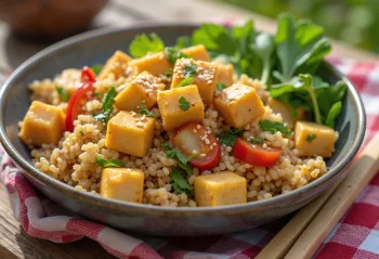 Тарелка фарро с кубиками жареного тофу, овощами и посыпкой из кунжута