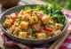 Тарелка фарро с кубиками жареного тофу, овощами и посыпкой из кунжута