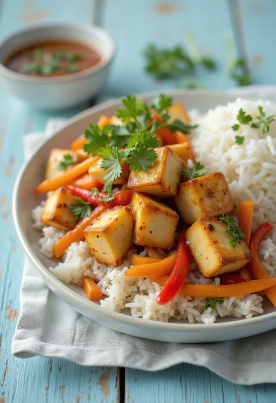 Пряный тофу с рисом и овощами