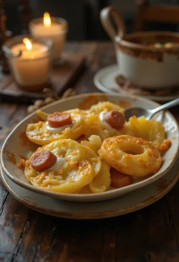 Картофельная запеканка слоями с колбасой и яйцом, со сметаной сверху.