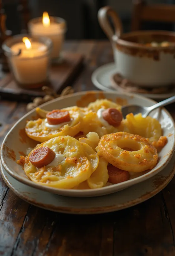 Картофельная запеканка слоями с колбасой и яйцом, со сметаной сверху.