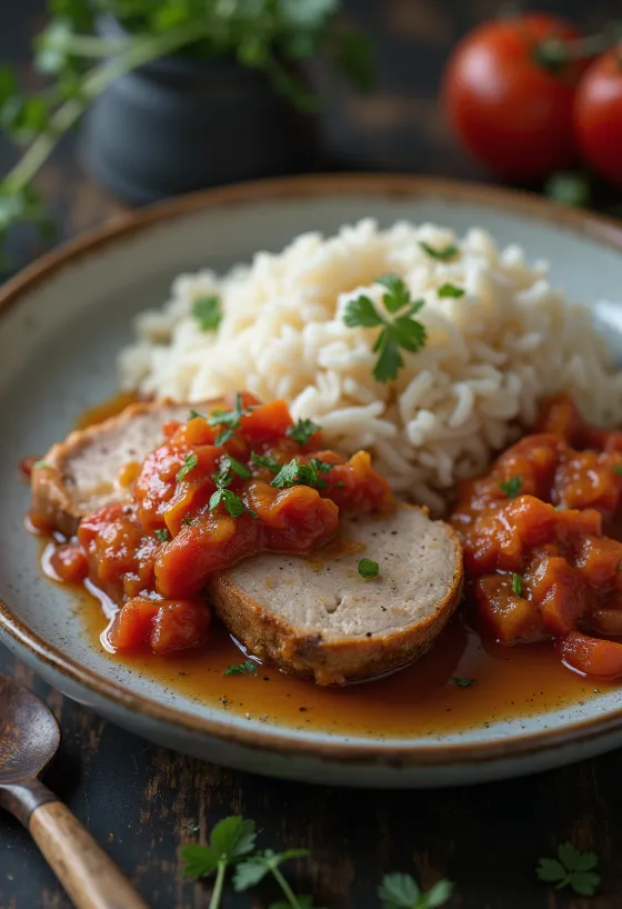 Свиная шея с лечо и рисом при подаче