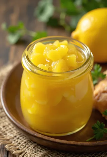 Лимонный чатни в банке, пряный соус насыщенного желтого цвета