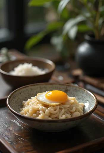 Натто с яйцом, поданное со свежим луком-пореем и водорослями нори