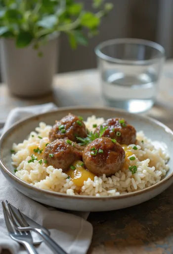 Шведские фрикадельки с рисом, миска свежих фрикаделек с рисовым гарниром, богатые и аппетитные