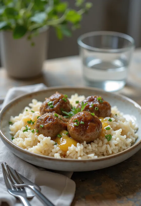 Шведские фрикадельки с рисом, миска свежих фрикаделек с рисовым гарниром, богатые и аппетитные