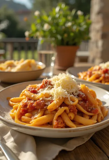 Паста с баклажанами, поданная с сочным томатным соусом и свежим базиликом