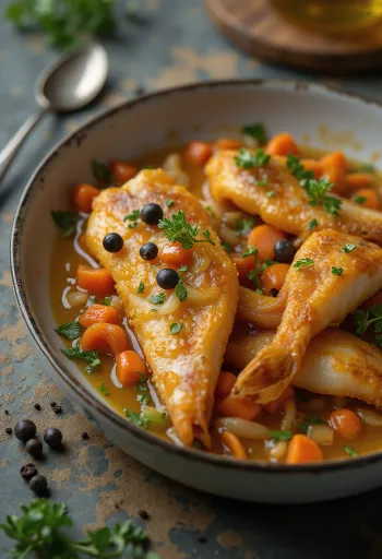 Рыба Эскабече, поданная с овощами