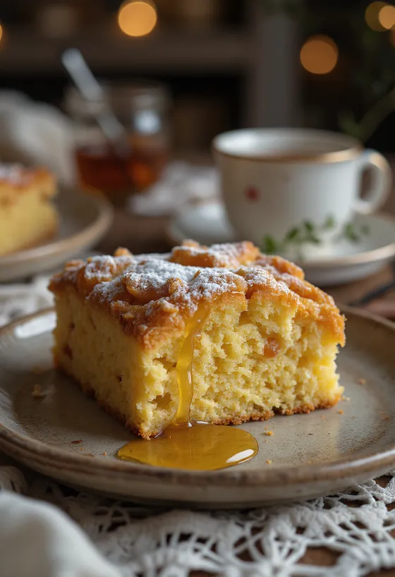 Имбирный кекс с золотистой, рыхлой текстурой, посыпанный сахарной пудрой.