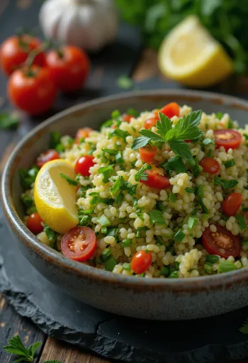 Табуле с чесноком, поданный со свежими овощами и булгуром