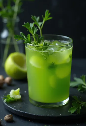 Сок из сельдерея в высоком стакане, украшенный свежими стеблями сельдерея и фруктами