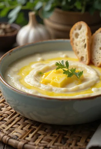 Чесночно-капустный крем-суп при подаче