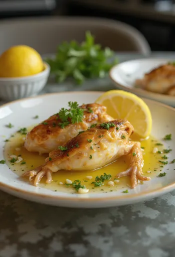 Лягушачьи лапки в чесночном масле, поданные со свежей петрушкой и лимоном.