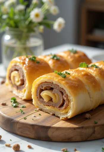 Запеченный до золотистого цвета мясной рулет, поданный со свежими овощами и соусом.