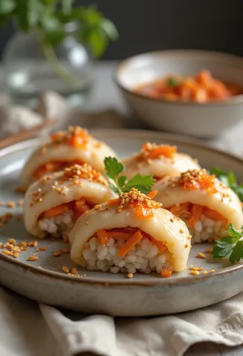 Инари-суши с начинкой из риса и кимчи, посыпанные кунжутом