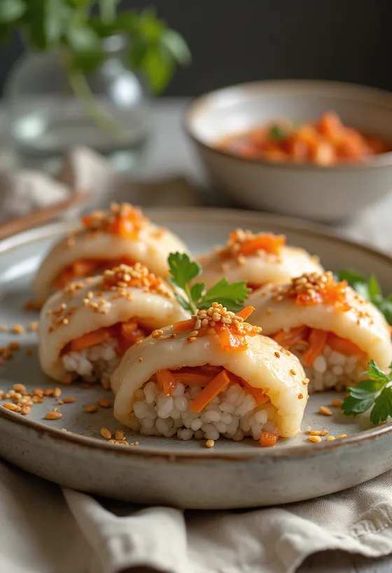 Инари-суши с начинкой из риса и кимчи, посыпанные кунжутом