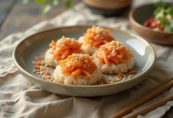 Инари-суши с начинкой из риса и кимчи, посыпанные кунжутом