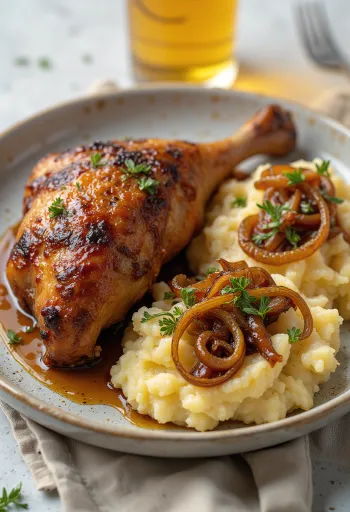 Запеченная утка с луковым картофельным пюре при подаче