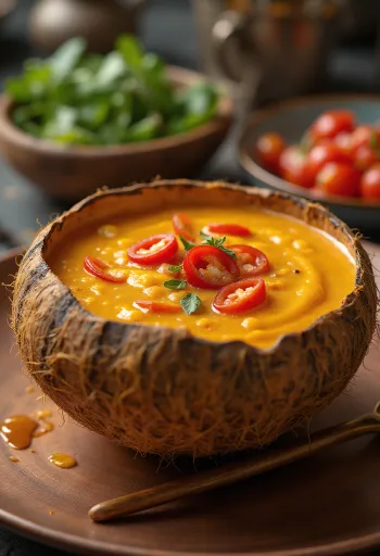 Пряный соус чили с кокосовым молоком в миске, с ломтиками свежего кориандра и чили.