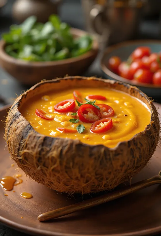 Пряный соус чили с кокосовым молоком в миске, с ломтиками свежего кориандра и чили.