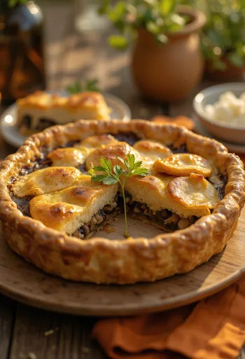 Кремовый веганский пирог с грибами, нарезанный ломтиками