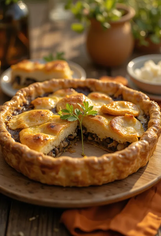Кремовый веганский пирог с грибами, нарезанный ломтиками