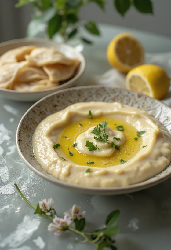 Лимонный соус с тахини, поданный с питой и жареными овощами