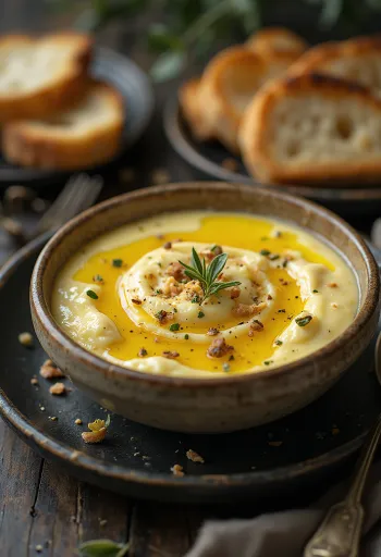 Баклажанный крем нежной и кремовой консистенции, поданный со свежей зеленью и оливковым маслом