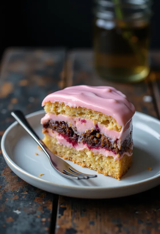 Цветное пирожное «Пунш» с розовой глазурью и слоями мягкого бисквита.