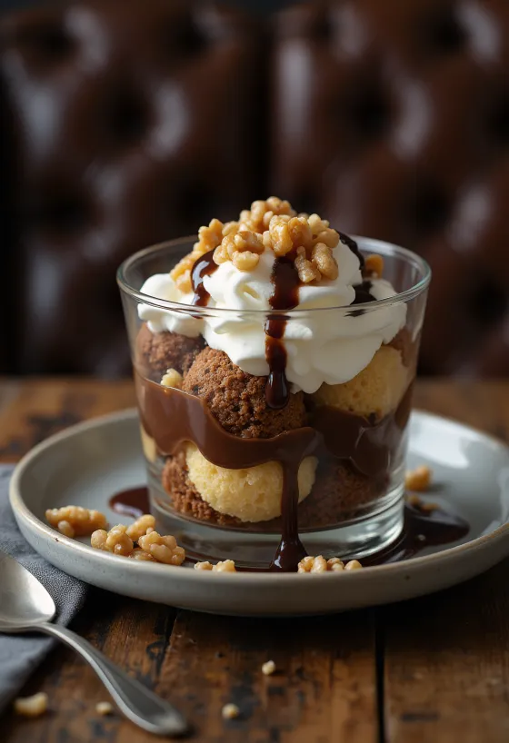 Шомлойская галушка с мягким бисквитом, ванильным кремом и шоколадным соусом