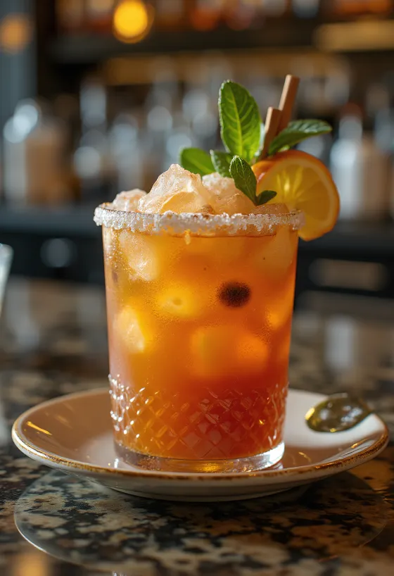 Коктейль Зомби, украшенный листьями мяты и ломтиком апельсина