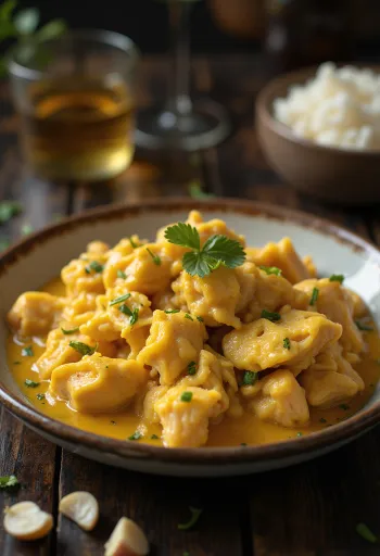 Курица Ахи де гальина под желтым соусом, украшенная оливками и яйцом