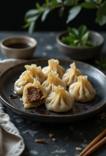 Китайские цзяоцзы с говядиной в вареном виде, поданные на фарфоровой тарелке, в разрезе видна начинка