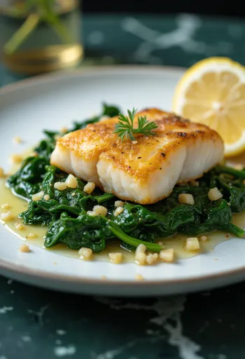 Жареная рыба со шпинатом и чесноком при подаче