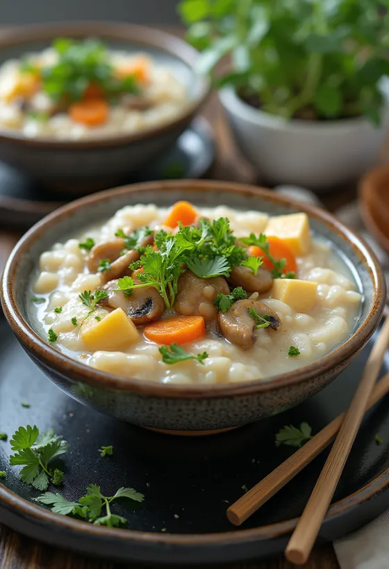 Овощной конги при подаче, со свежей кинзой и кусочками тофу