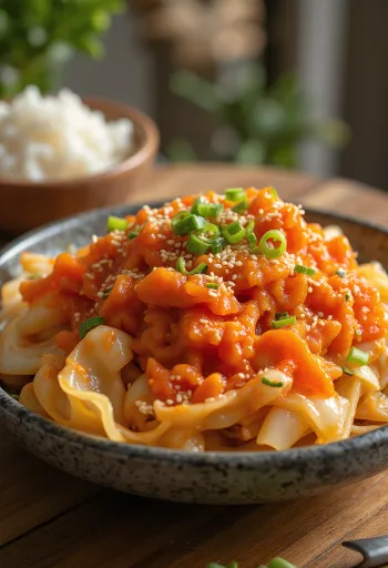 Свежеприготовленный геотджори, корейский кимчи, украшенный чесноком и свежим шнитт-луком