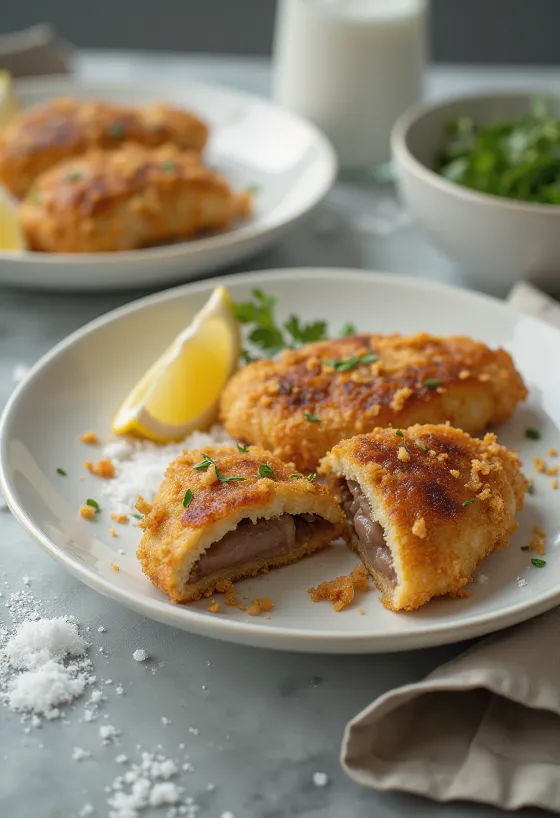 Хрустящая свиная печень в панировке, обжаренная до золотистого цвета, с салатом.