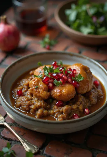 Фесенджан с курицей, поданный с зернами граната и рисом