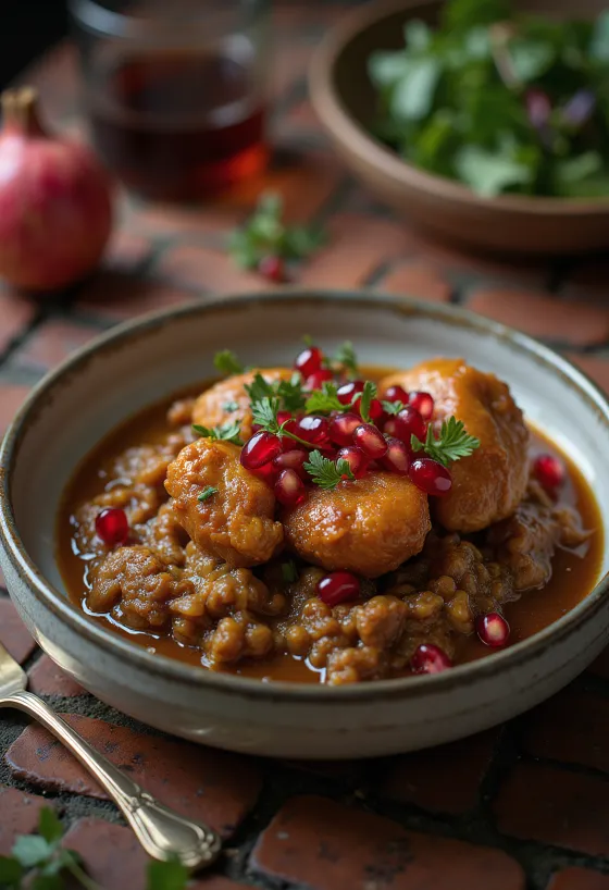 Фесенджан с курицей, поданный с зернами граната и рисом